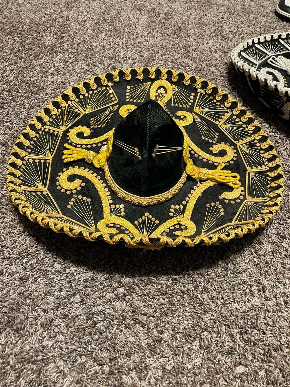 Vintage Calidad Extra Charro Sombrero Black and Gold Embroidered Hat